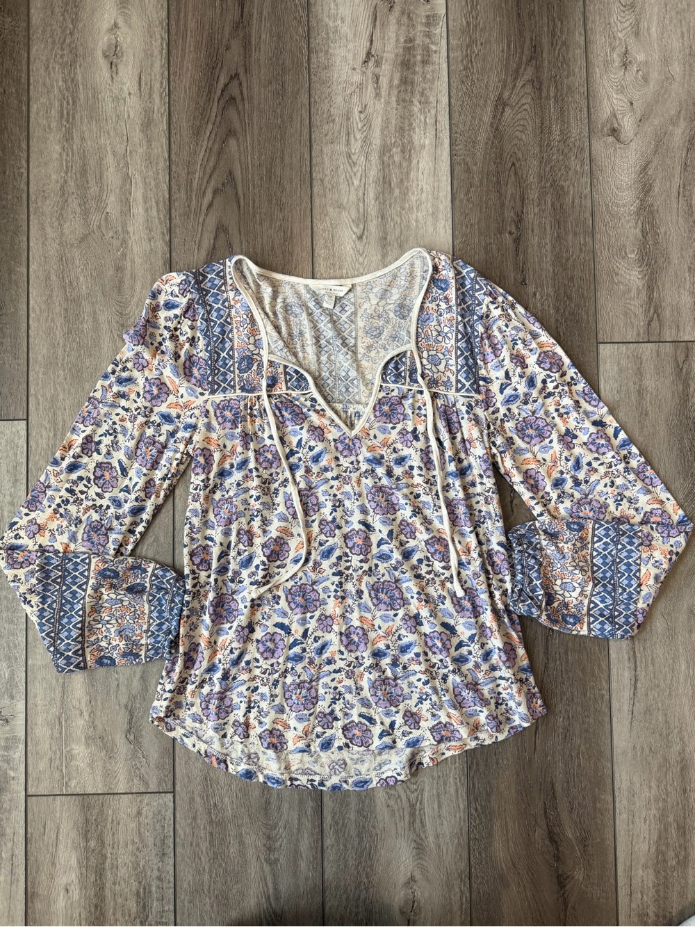 Lucky Brand Cream Floral Peasant Cotton Blend Blouse with Blue & Peach Accents